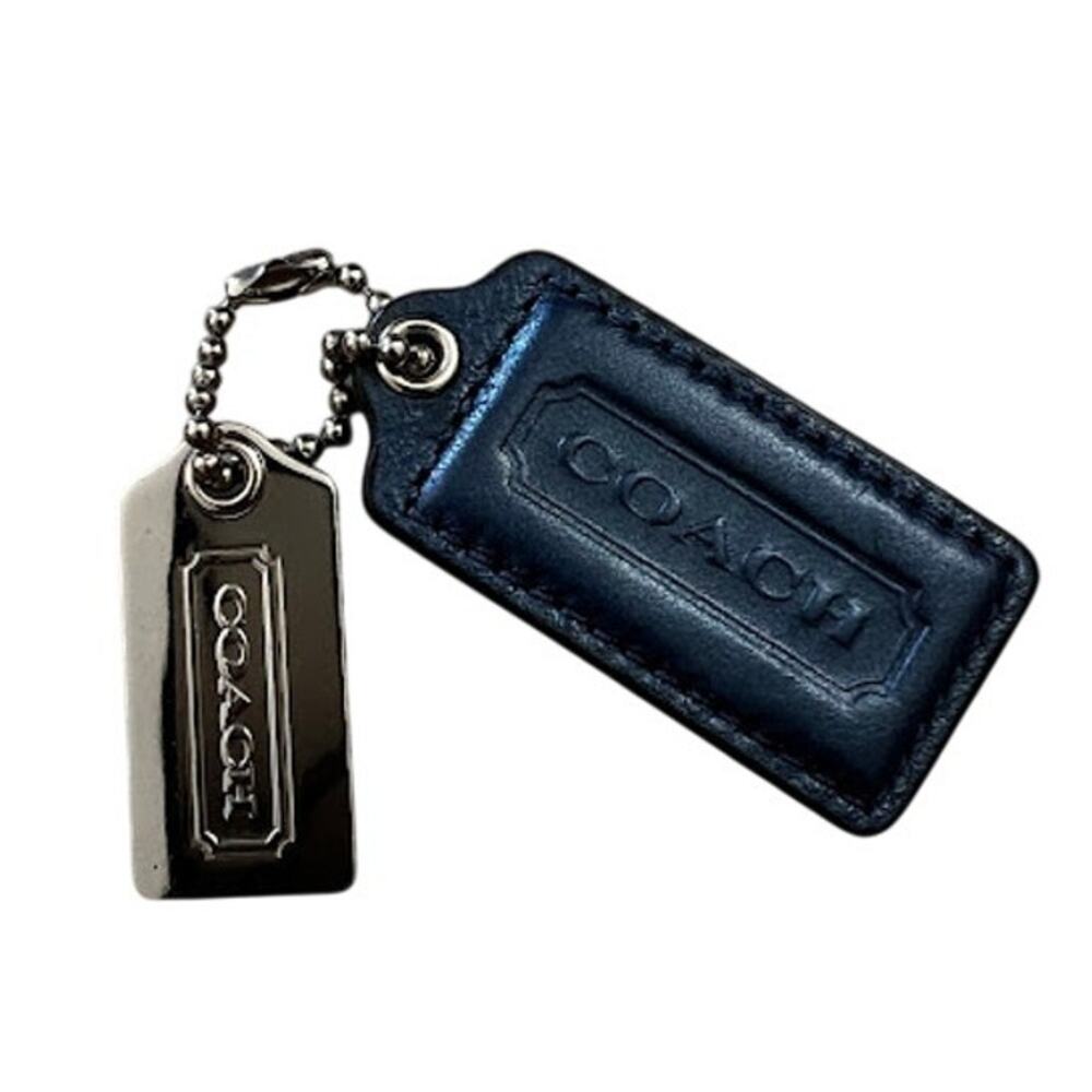 Coach Navy Leather Hangtag Keychain 2.5" Silver Logo Bag Charm Fob